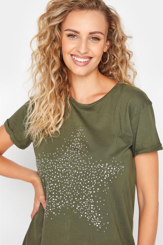 LTS Tall Khaki Green Acid Wash Star Embellished T-Shirt 4