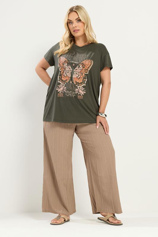 YOURS Plus Size Khaki Green 'Free Spirit' Butterfly Embellished T-Shirt | Yours Clothing 1