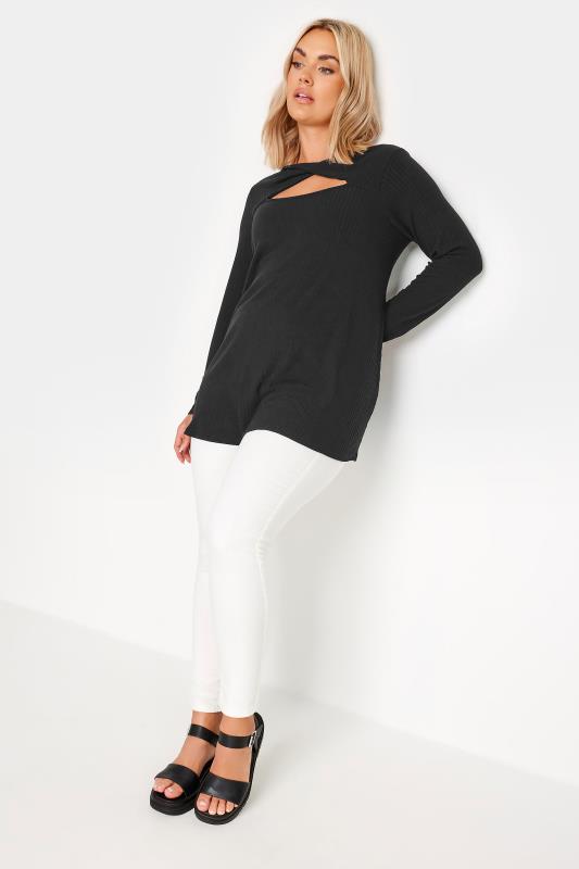 YOURS Curve Black Twist Front Ribbed Swing Top | Yours Clothing 2
