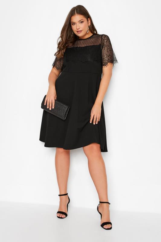 Curve Plus Size Black Lace Sleeve Skater Dress | Yours Clothing 1