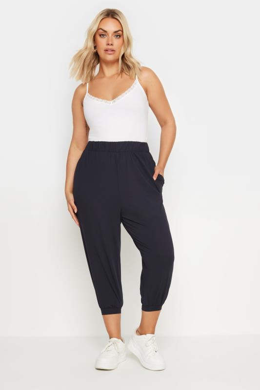 YOURS Plus Size Navy Blue Cropped Harem Joggers | Yours Clothing 2