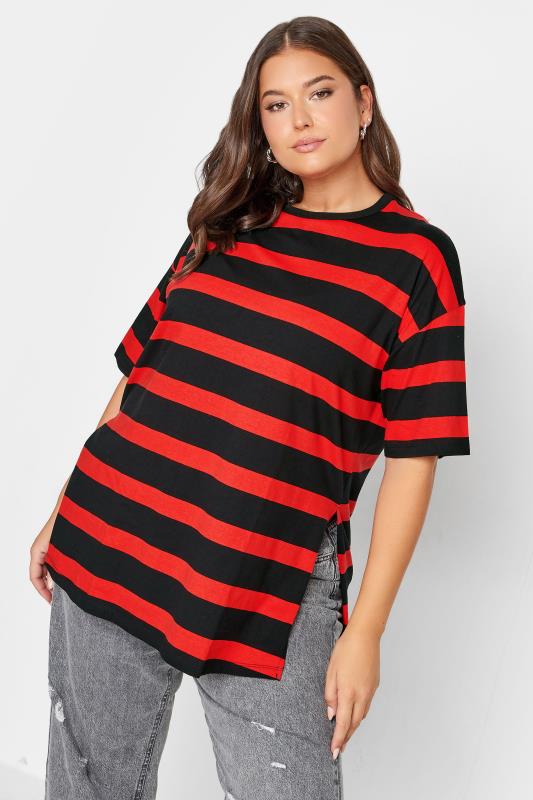 YOURS Plus Size Red Stripe Oversized T-Shirt | Yours Clothing 1