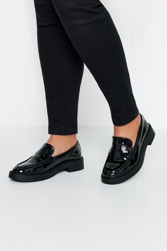  Tallas Grandes Black Patent Chunky Slip On Loafers In Wide E Fit & Extra Wide EEE Fit