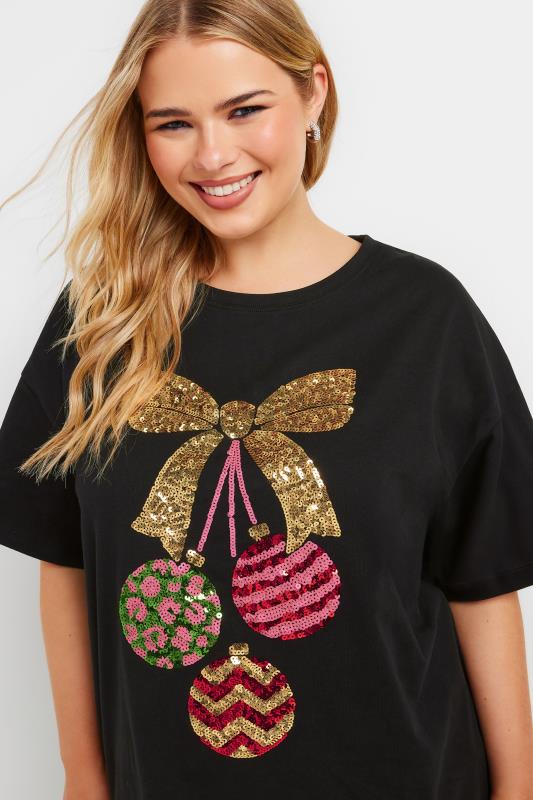 YOURS Plus Size Black Sequin Embellished Bauble T-Shirt | Yours Clothing  4