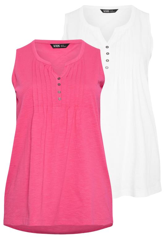 YOURS Plus Size 2 PACK Pink & White Pintuck Henley Vest Tops | Yours Clothing 7