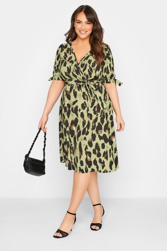 YOURS LONDON Curve Khaki Green Leopard Print Wrap Dress 1