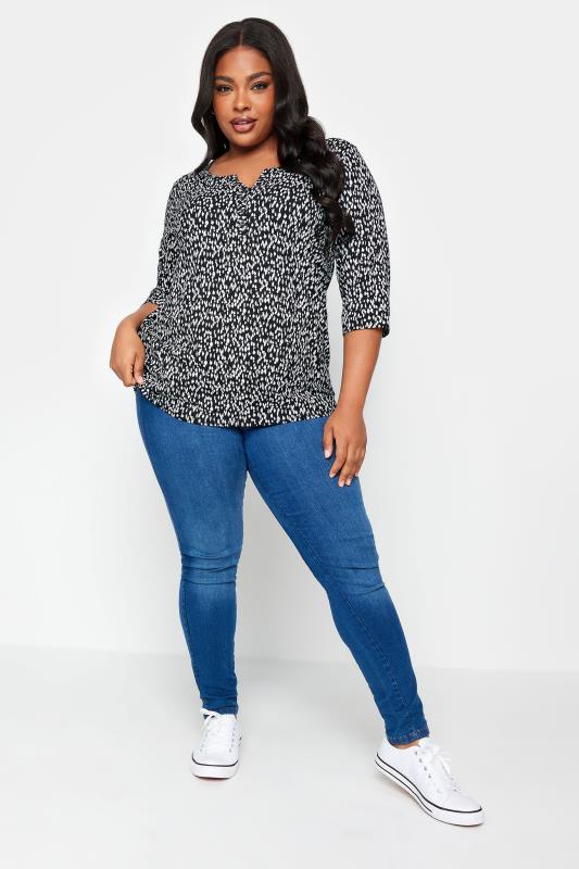 YOURS Plus Size Black Animal Markings Print Henley T-Shirt | Yours Clothing