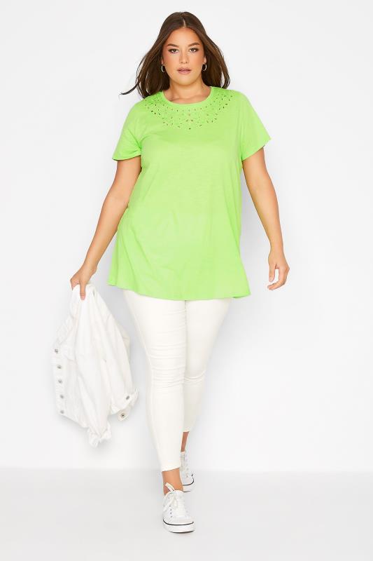 Curve Lime Green Broderie Anglaise Neckline T-Shirt 2