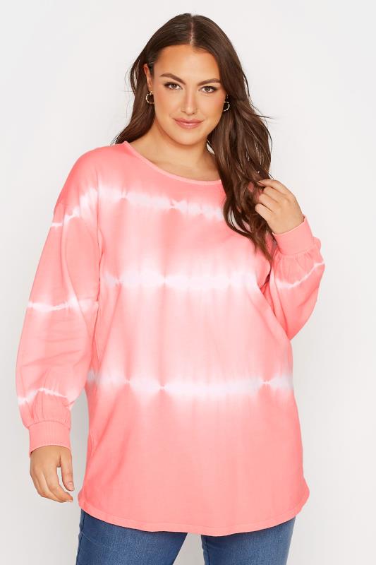 Plus Size  YOURS Curve Pink Tie Dye Balloon Sleeve Sweatshirt