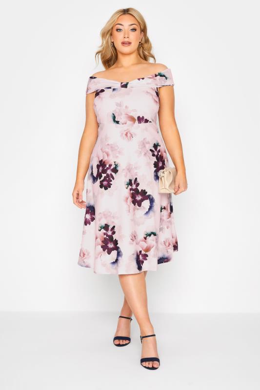 YOURS LONDON Plus Size Pink Floral Bow Bardot Skater Dress | Yours Clothing 2