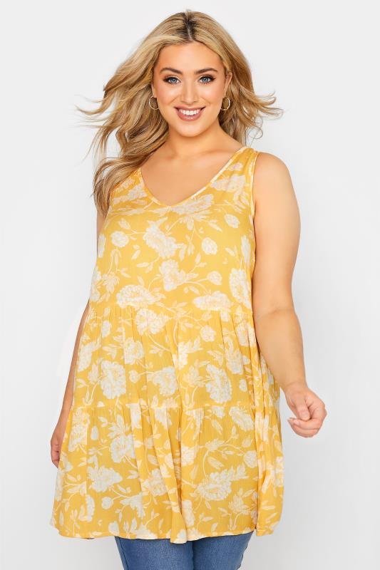 Plus Size  Curve Yellow Floral Print Tiered Tunic Top