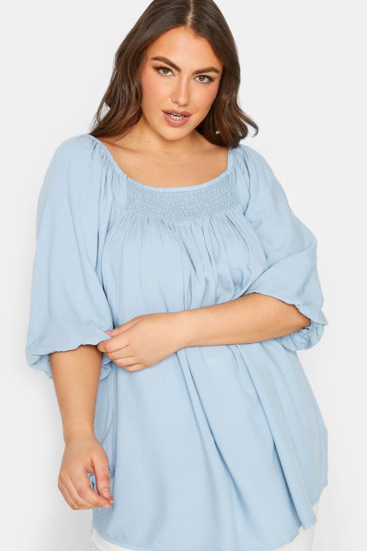 YOURS Plus Size Blue Shirred Neck Gypsy Top | Yours Clothing 4
