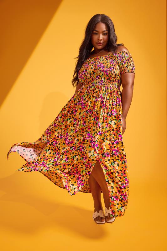 YOURS Plus Size Orange Ditsy Floral Print Shirred Bardot Maxi Dress | Yours Clothing 1