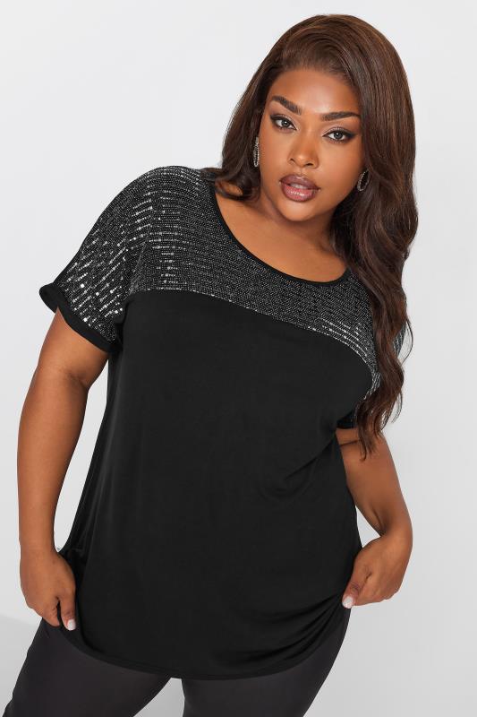 YOURS Plus Size Black Sequin Embellished Top | Yours Clothing 2