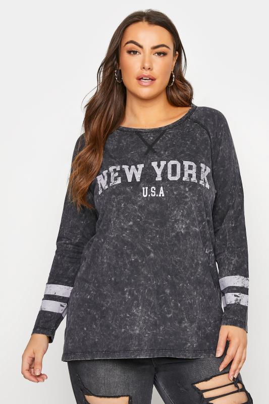 Plus Size  Grey Acid Wash 'New York' Raglan T-Shirt
