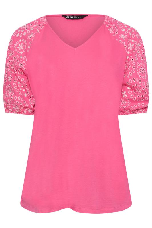 YOURS Plus Size Pink Broderie Anglaise Sleeve T-Shirt | Yours Clothing 5
