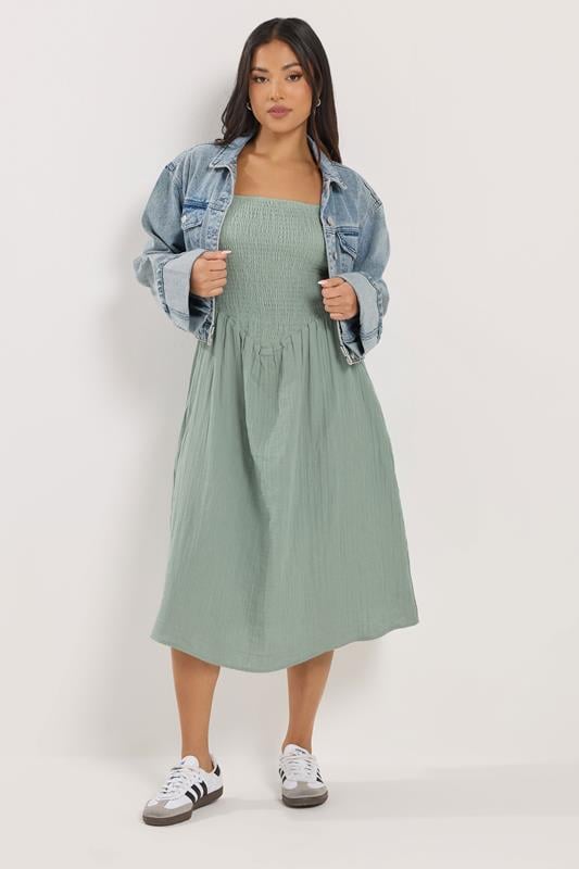 PixieGirl Petite Women's Sage Green Cotton Cheesecloth Midi Dress | PixieGirl 1