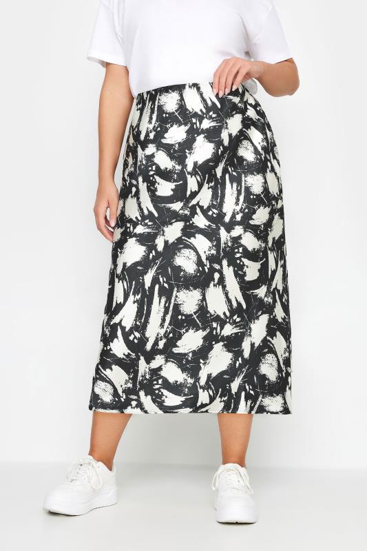 YOURS Plus Size Black & White Abstract Print Satin Midi Skirt | Yours Clothing  2
