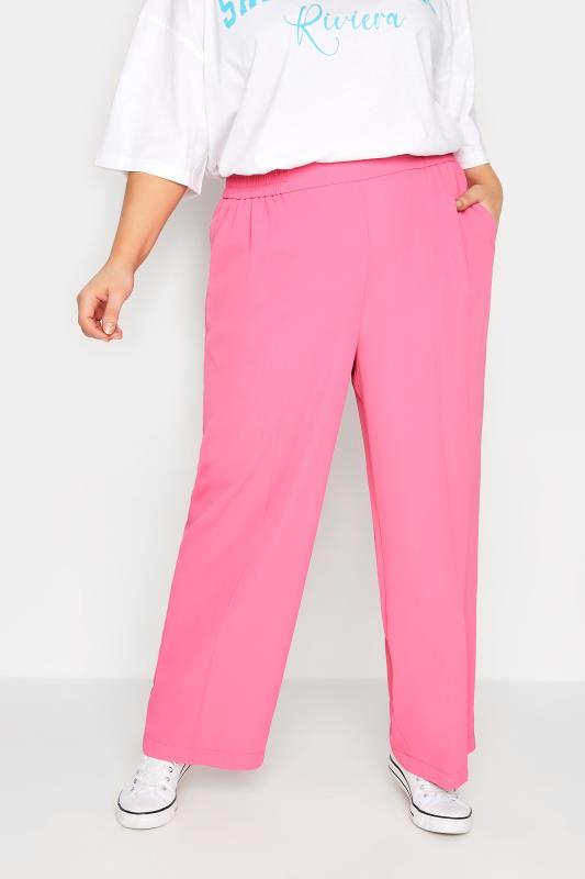 YOURS Plus Size Pink Elasticated Waist Pull-On Wide Leg Trousers | Yours Clothing 1