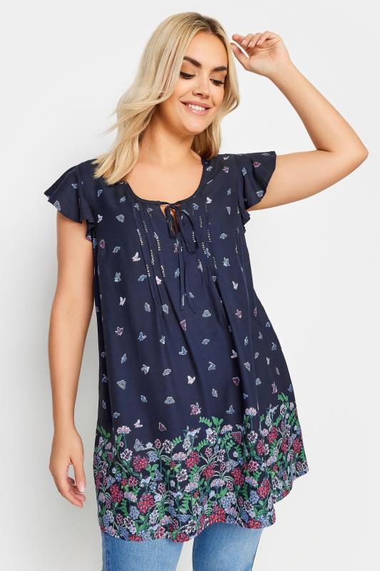  YOURS Curve Navy Blue Floral Butterfly Print Blouse