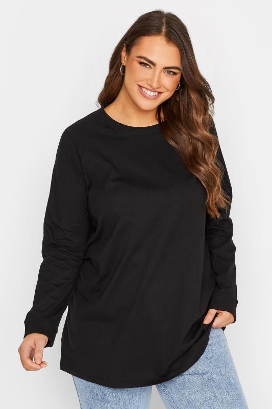 Plus Size Black Cotton Raglan T-Shirt | Yours Clothing 1