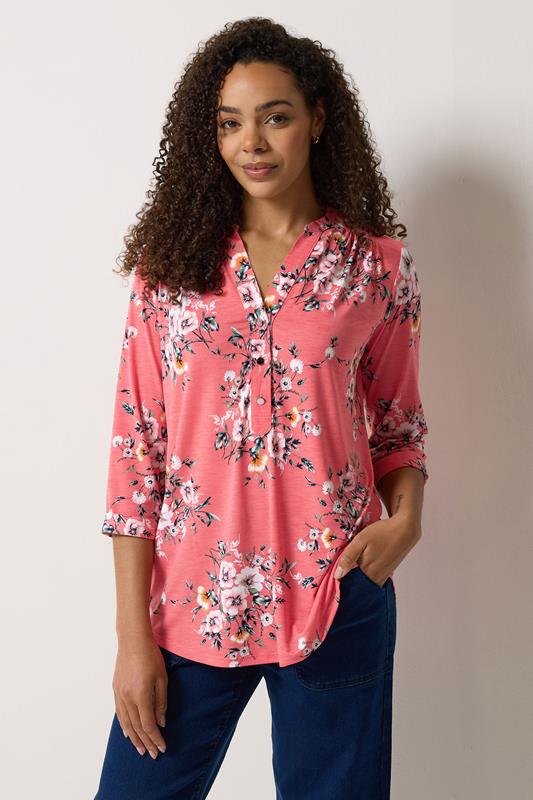  M&Co Chemise rose à imprimé floral avec demi-patte de boutonnage