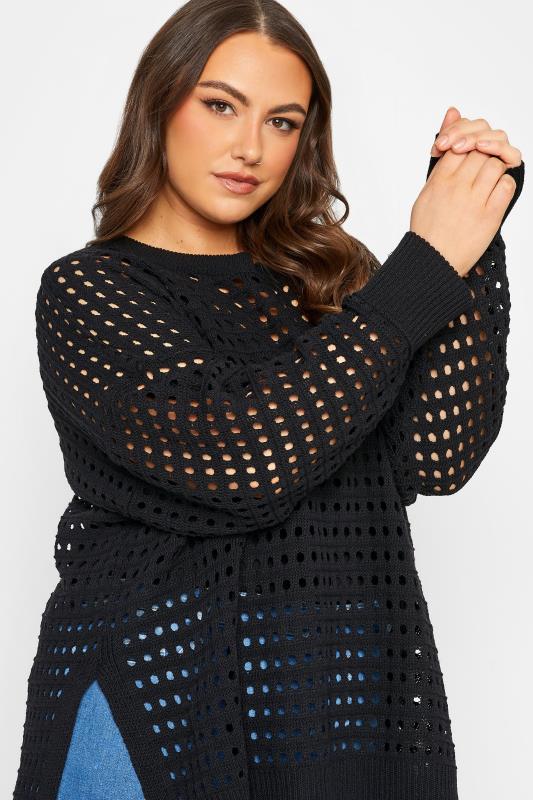YOURS Plus Size Black Side Split Crochet Jumper | Yours Clothing 4