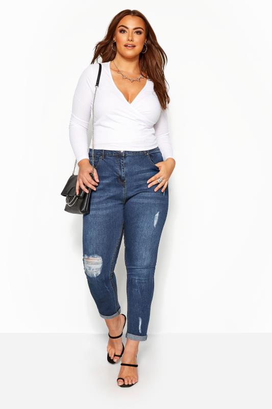 Mid Blue Distressed MOM Jeans | Yours Clothing 2