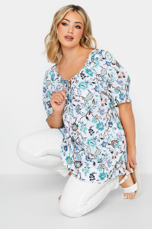 YOURS Plus Size White & Blue Floral Print Gypsy Top | Yours Clothing 4