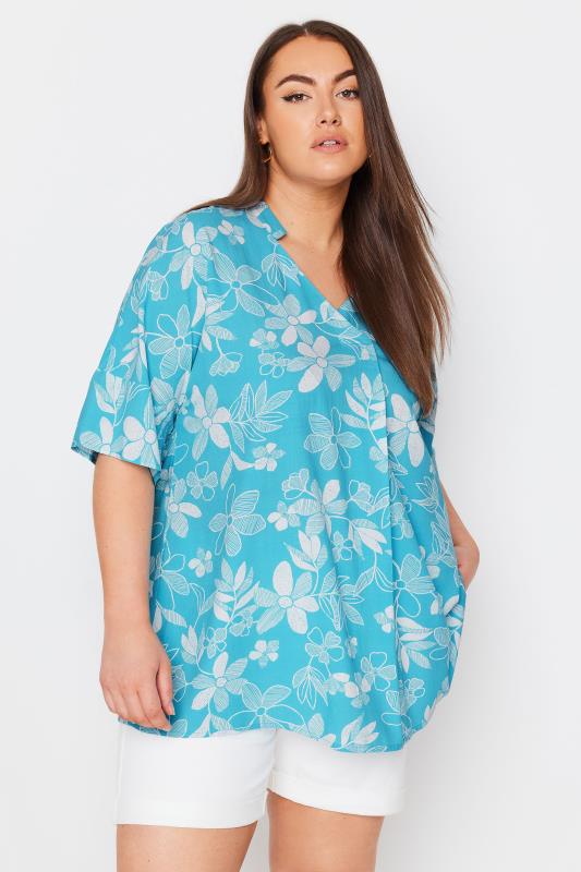 YOURS Plus Size Aqua Blue Floral Print Pleat Front Blouse | Yours Clothing 1