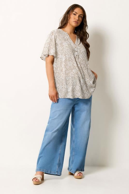 YOURS Plus Size Natural Brown Floral Notch Neck Top | yours Clothing 1