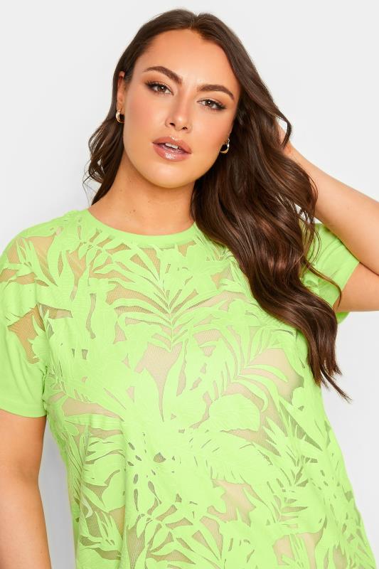 YOURS Plus Size Lime Green Floral Mesh Panel T-Shirt | Yours Clothing 4