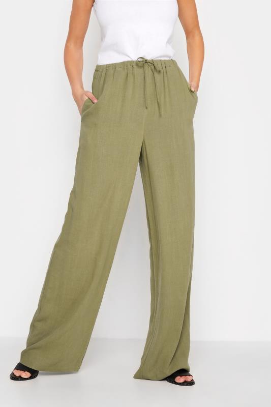 LTS Tall Khaki Green Linen Blend Wide Leg Trousers_A.jpg