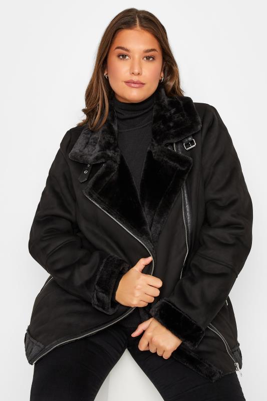Tall Women's LTS Black Faux Fur Trim Aviator Jacket | Long Tally Sally 1