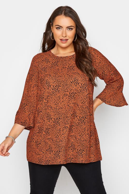 YOURS LONDON Rust Brown Dalmatian Flute Sleeve Blouse_A.jpg