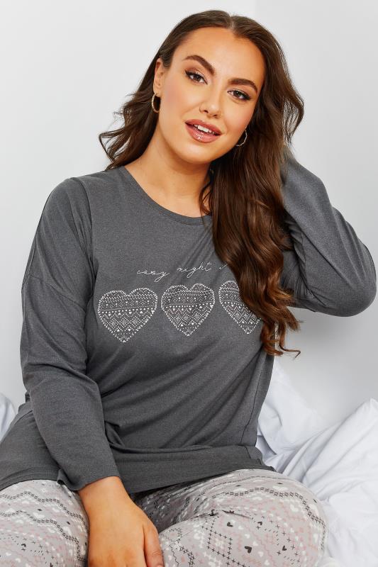 Curve Grey Heart Print Fairisle Soft Touch Pyjama Set | Yours Clothing 4