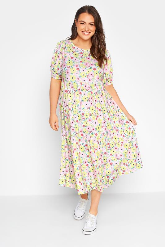 Plus Size  Curve Pink & Yellow Floral Print Puff Sleeve Smock Midaxi Dress