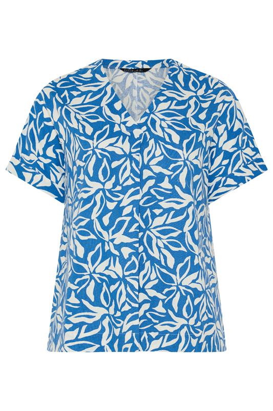 EVANS Plus Size Blue Leaf Print Premium Linen Front Pleat Top | Evans 5