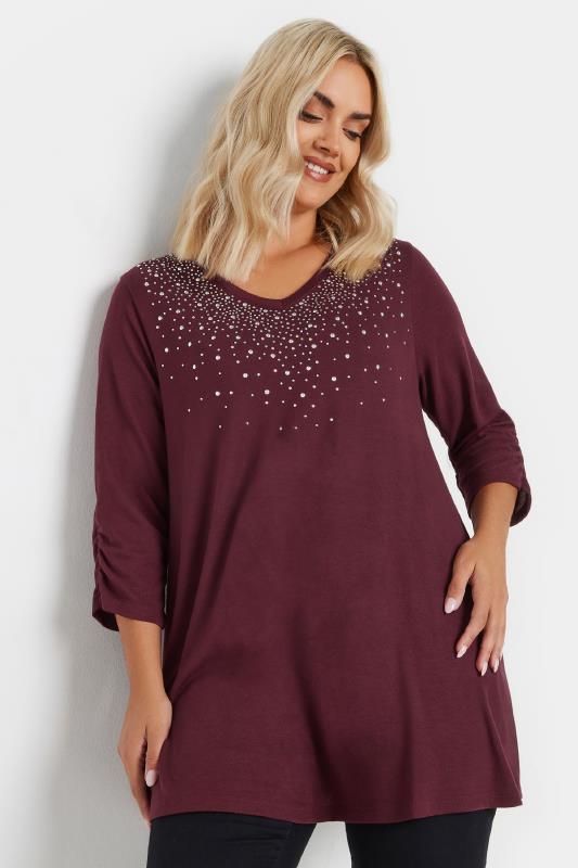  Grande Taille YOURS Curve Burgundy Red Diamante Stud Swing Top