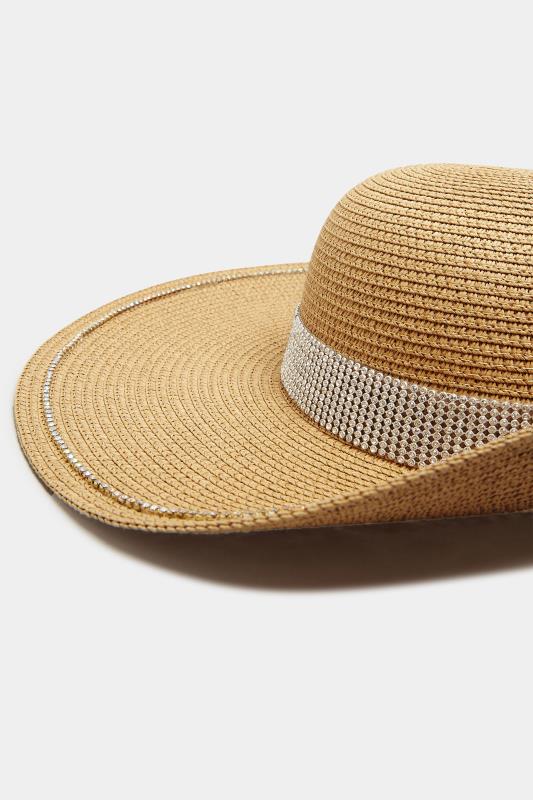 Natural Brown Wide Brim Diamante Straw Hat | Yours Clothing  3
