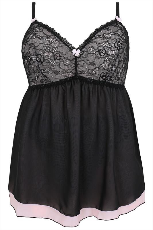 Pink & Black Chiffon Babydoll And Thong Set With Lace Detail | Yours ...