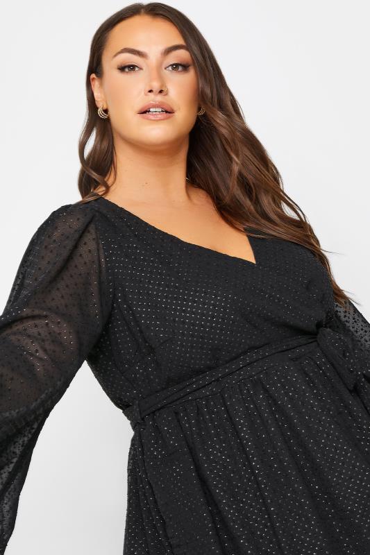 YOURS LONDON Plus Size Black Metallic Dobby Wrap Top | Yours Clothing