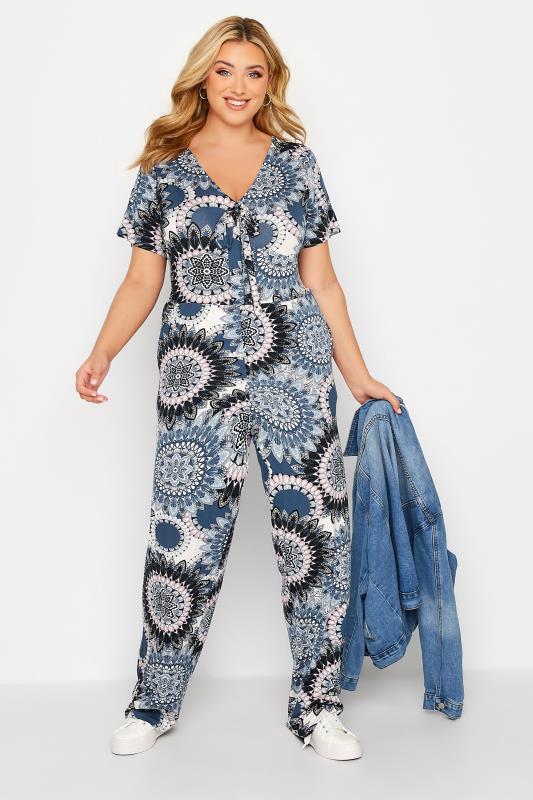 Plus Size Blue Geometric Print Jumpsuit | Yours Clothing  2
