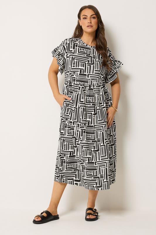  YOURS vestido negro con mangas con volantes y diseño abstracto