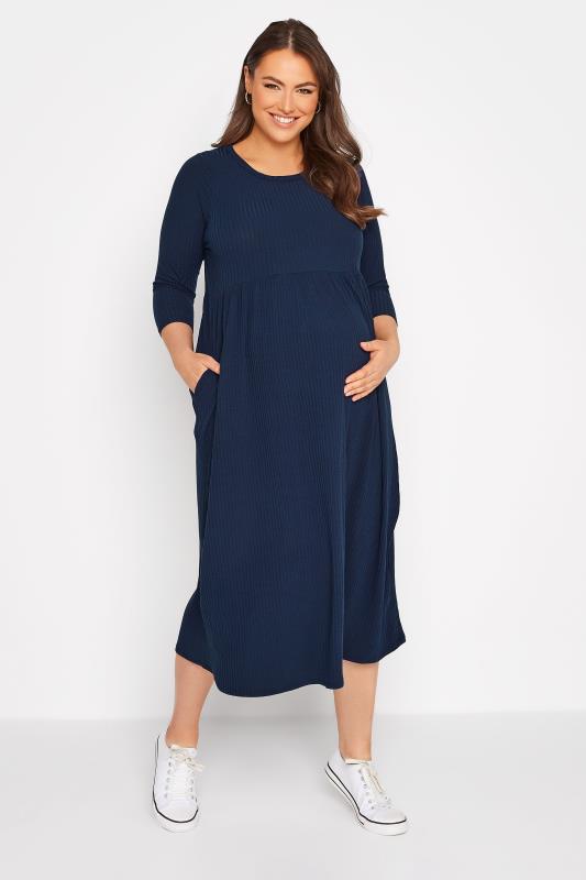 Plus Size  BUMP IT UP MATERNITY Curve Navy Blue Ribbed Pocket Midaxi Dress