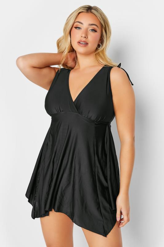 YOURS Plus Size Black Drawstring Shoulder Plunge Tummy Control Swim Dress | Yours Clothing 1