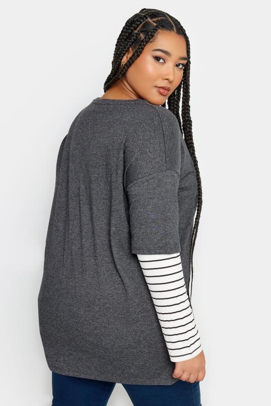 YOURS Plus Size Grey Stripe Sleeve Double Layer T-Shirt | Yours Clothing 4