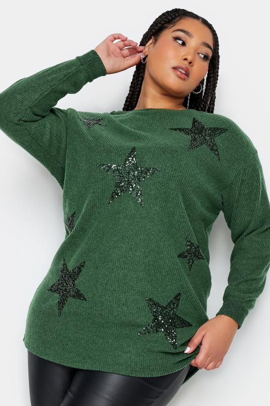 YOURS Plus Size Green Sequin Star Soft Touch Top | Yours Clothing 1