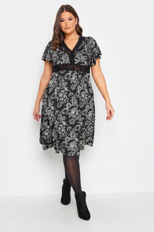 YOURS Plus Size Black & Cream Floral Print Lace Detail Dress | Yours Clothing 1