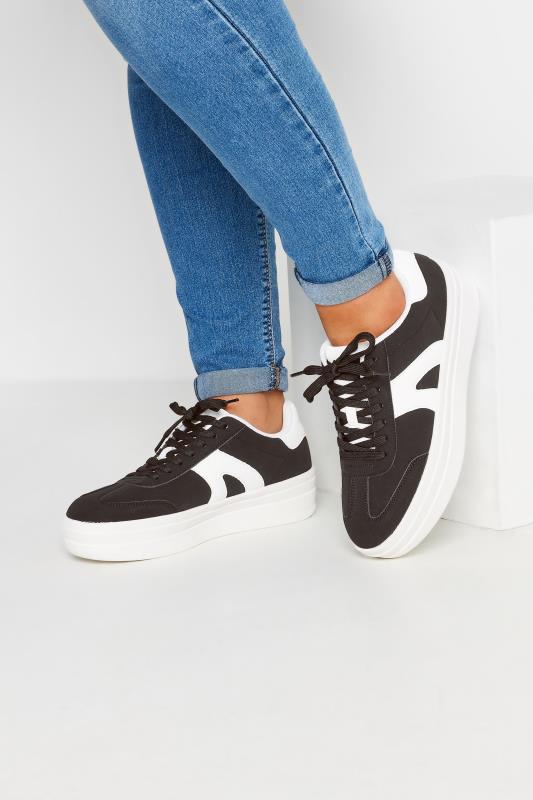 Black Retro Platform Trainers In Extra Wide EEE Fit | Yours Clothing  1